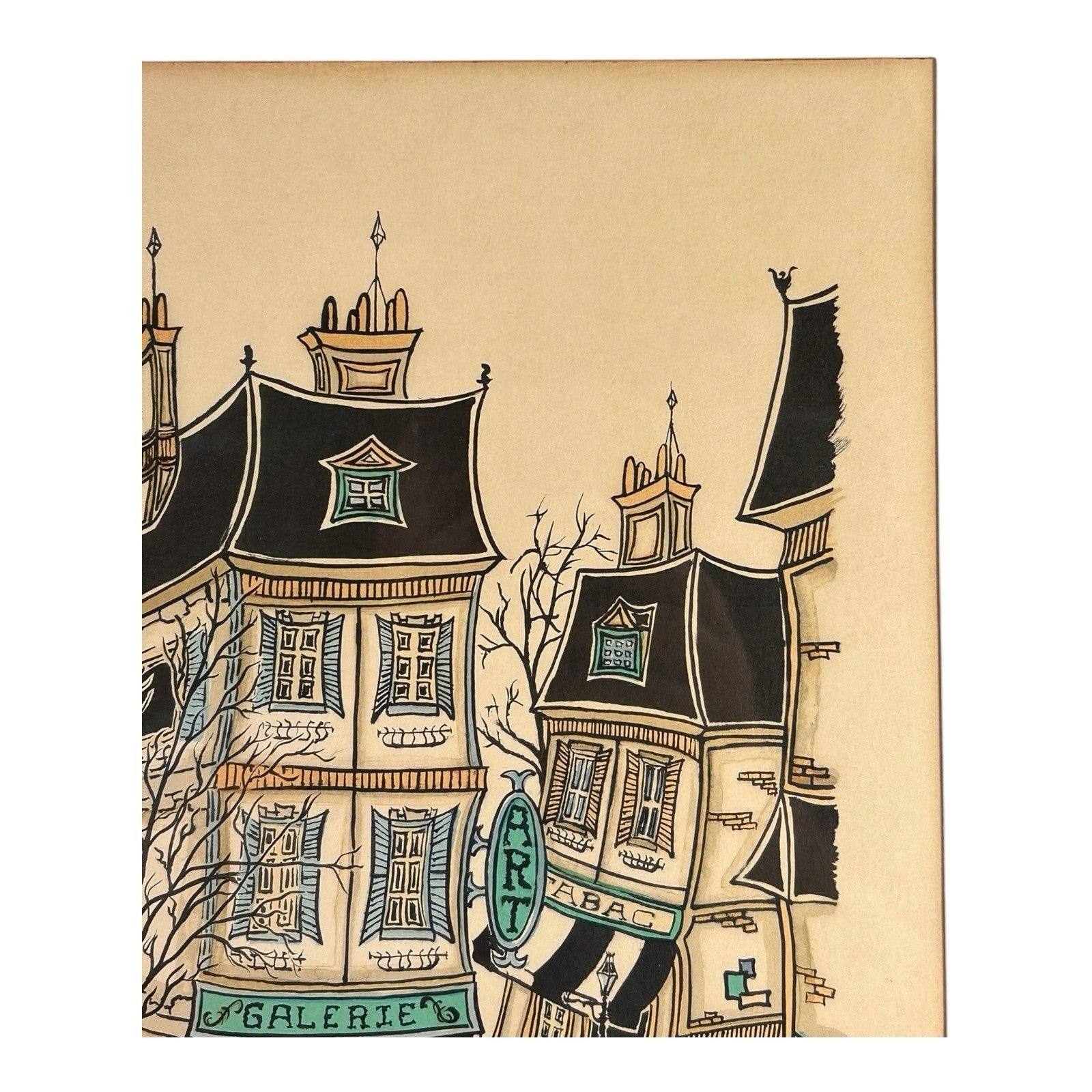 Vintage French Village Lithograph by Jacquest AKA Tom Wood Framed and Matted