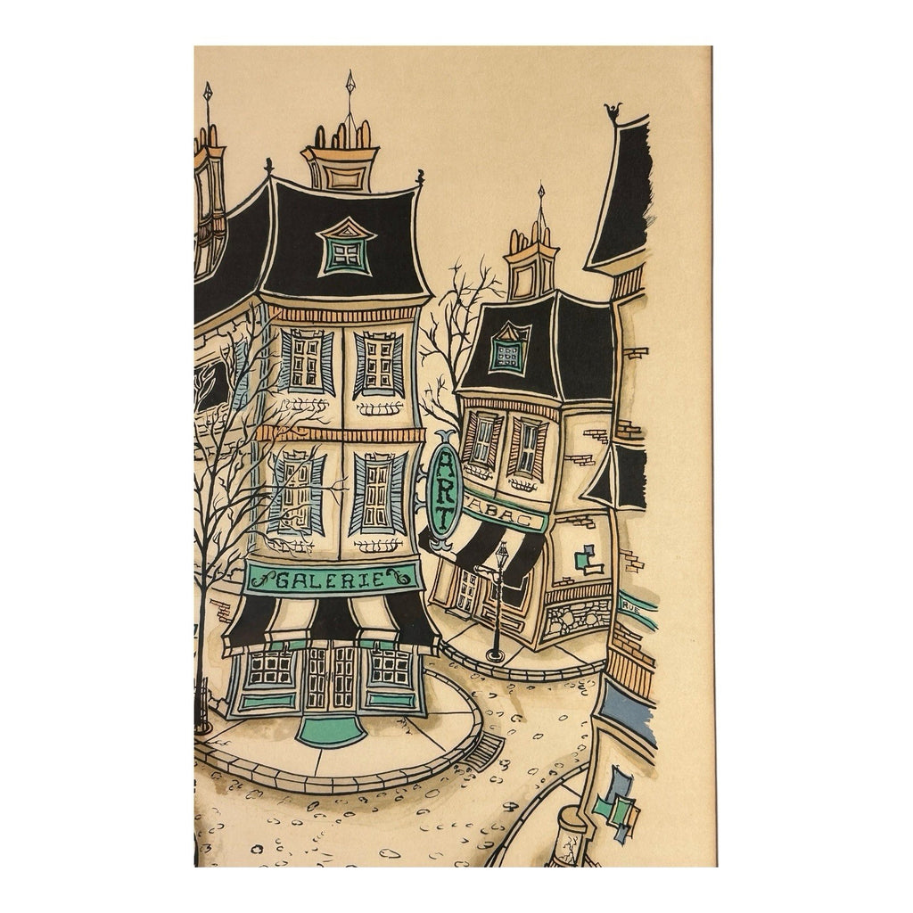 Vintage French Village Lithograph by Jacquest AKA Tom Wood Framed and Matted