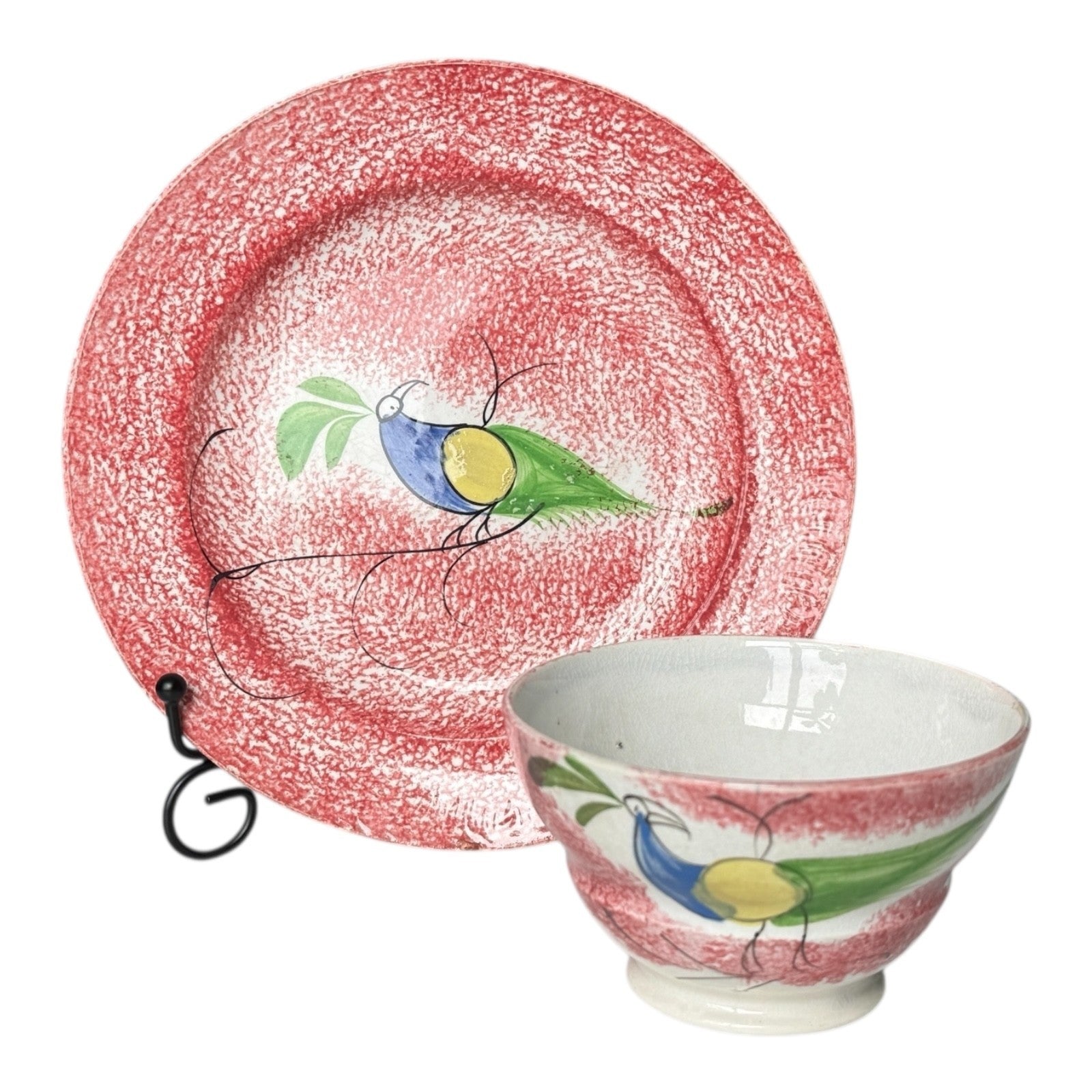 Antique Staffordshire Red Peafowl Spatterware Spongeware Cup & Saucer