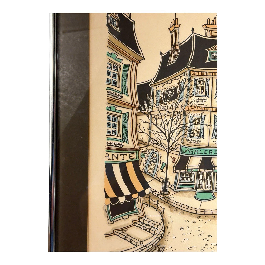Vintage French Village Lithograph by Jacquest AKA Tom Wood Framed and Matted