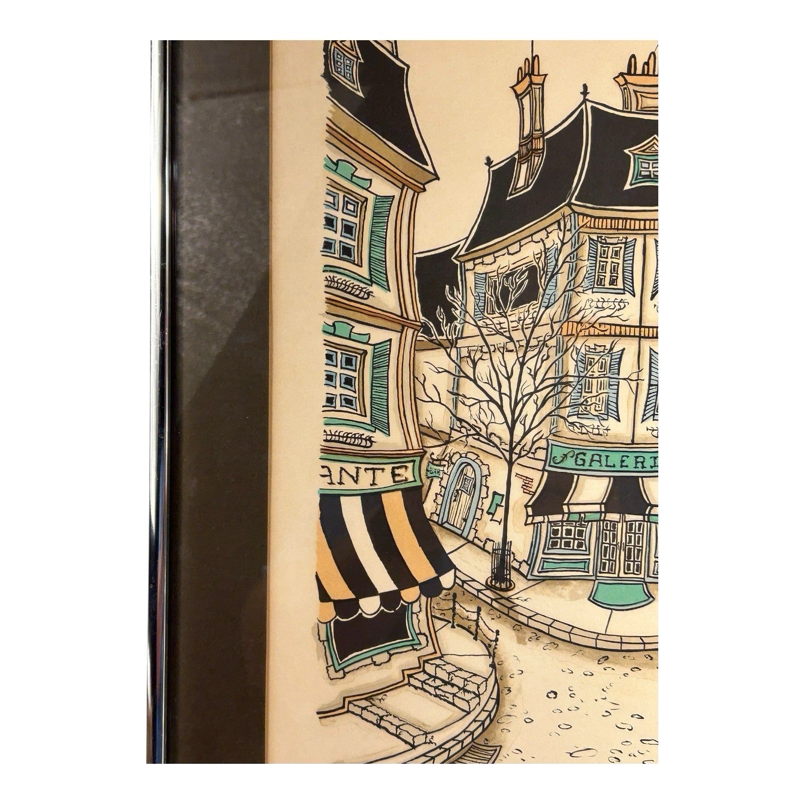 Vintage French Village Lithograph by Jacquest AKA Tom Wood Framed and Matted