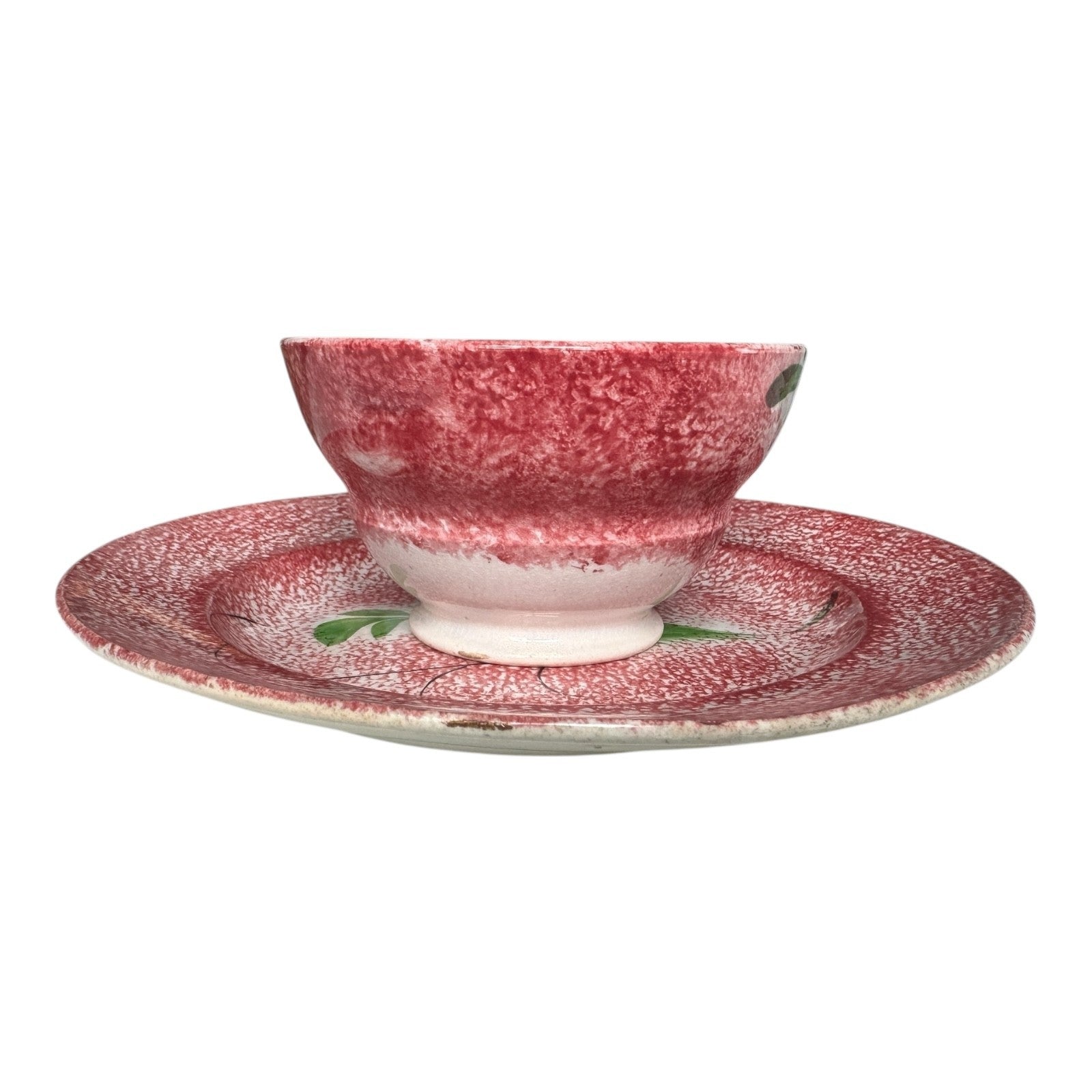 Antique Staffordshire Red Peafowl Spatterware Spongeware Cup & Saucer