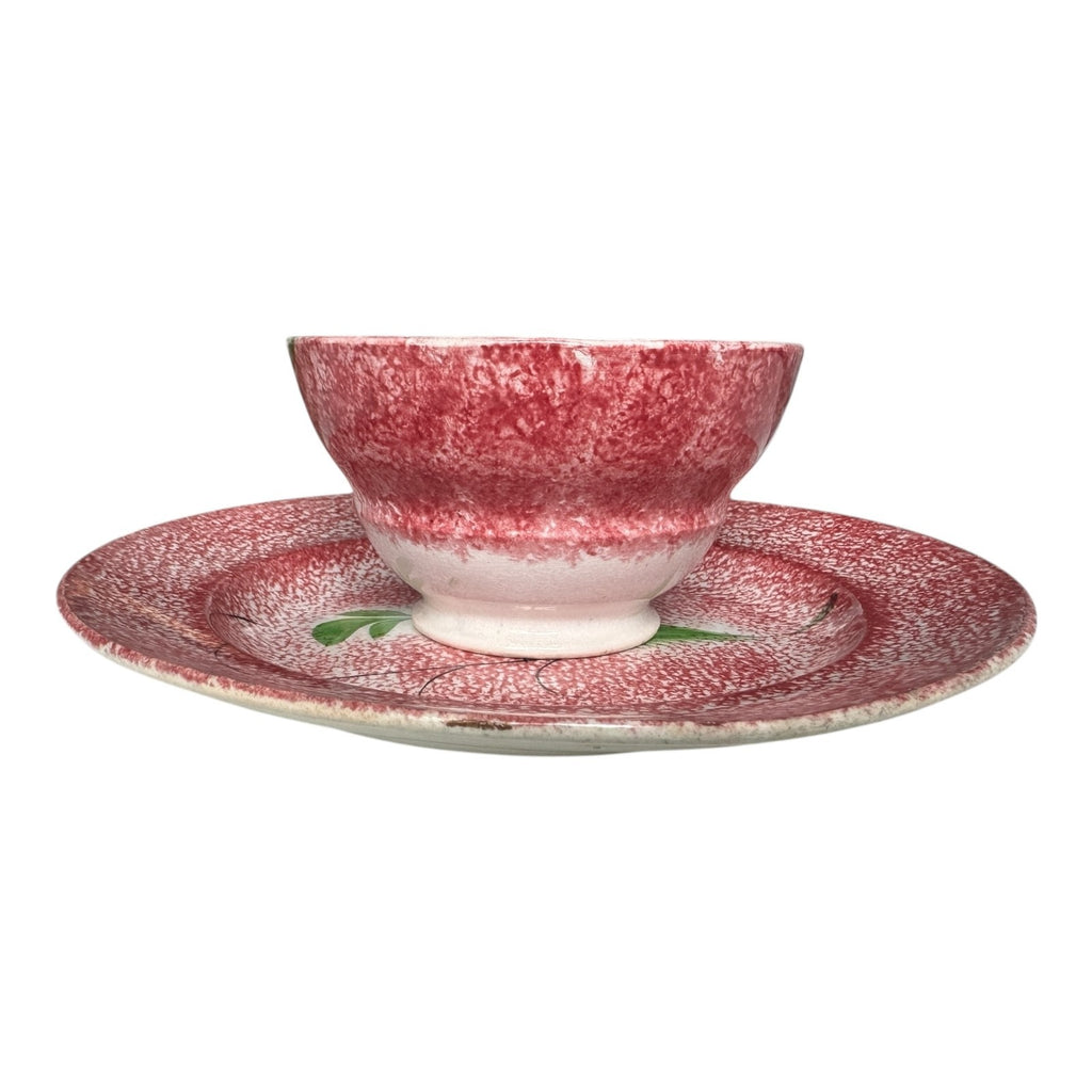 Antique Staffordshire Red Peafowl Spatterware Spongeware Cup & Saucer