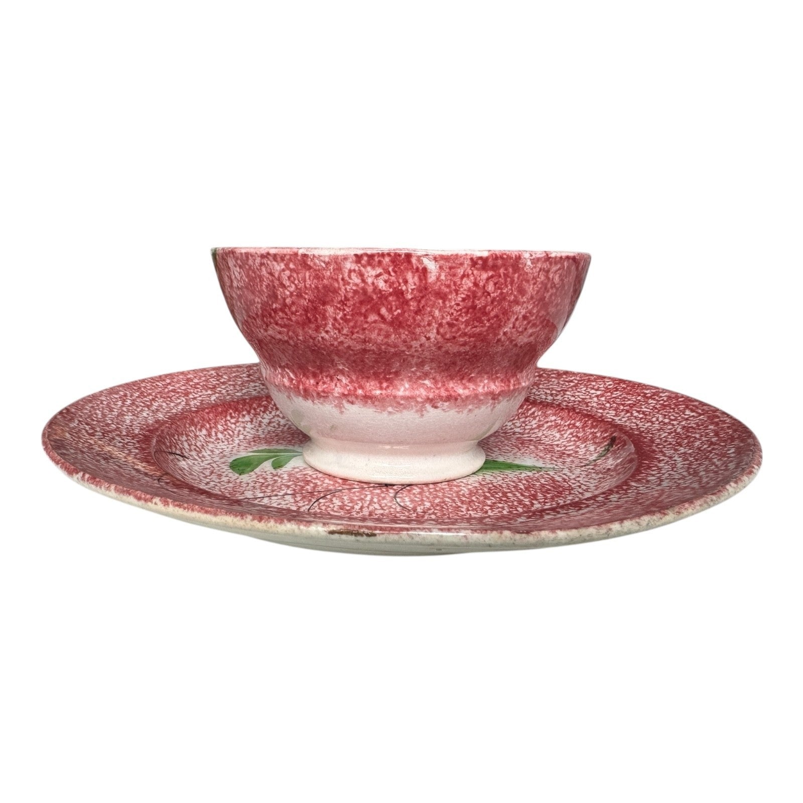 Antique Staffordshire Red Peafowl Spatterware Spongeware Cup & Saucer