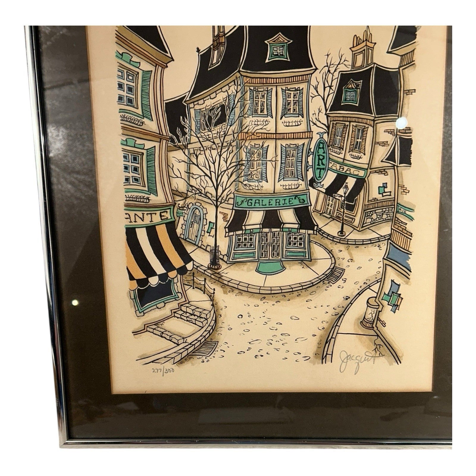 Vintage French Village Lithograph by Jacquest AKA Tom Wood Framed and Matted
