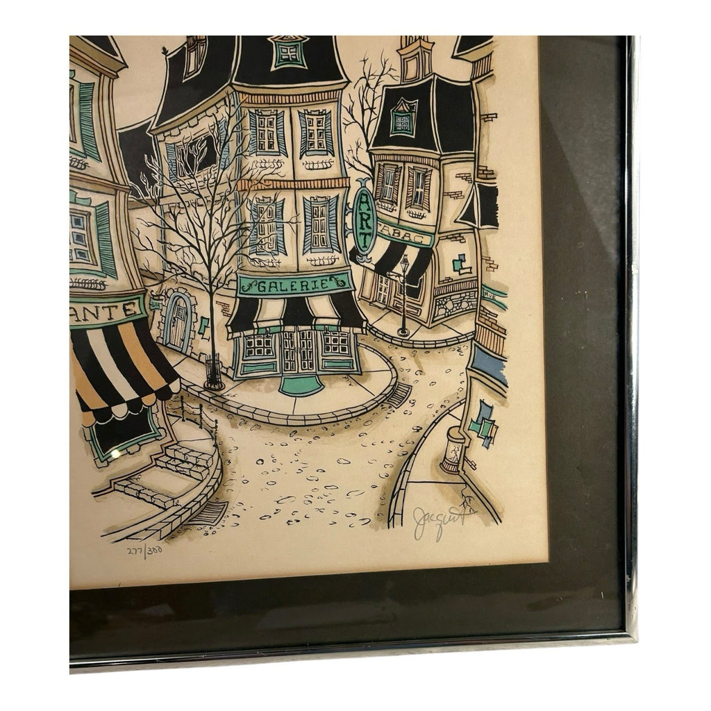 Vintage French Village Lithograph by Jacquest AKA Tom Wood Framed and Matted