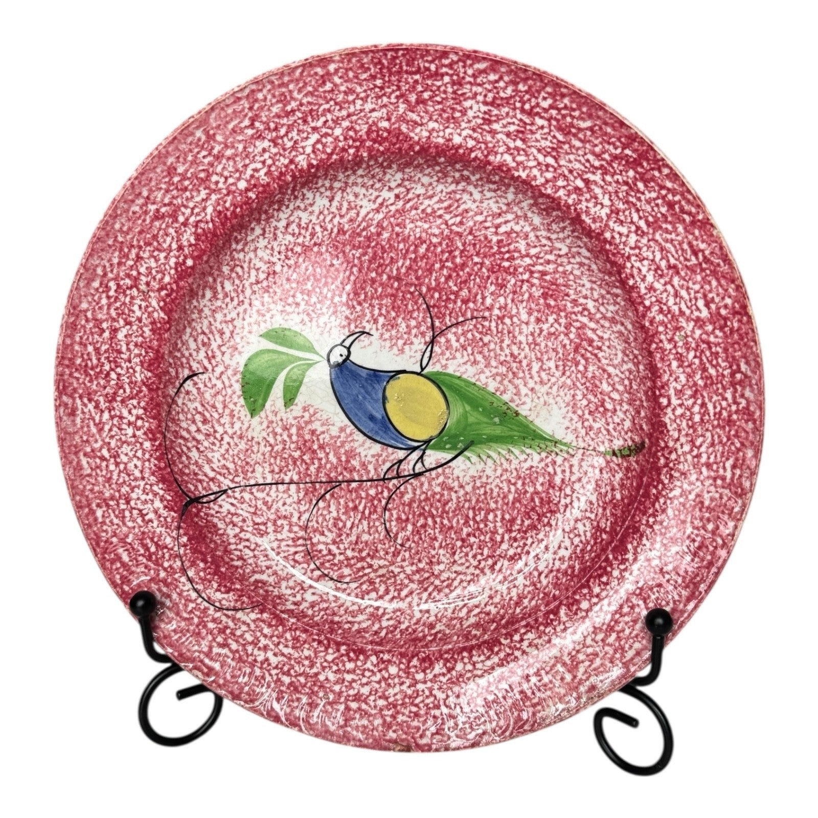 Antique Staffordshire Red Peafowl Spatterware Spongeware Cup & Saucer