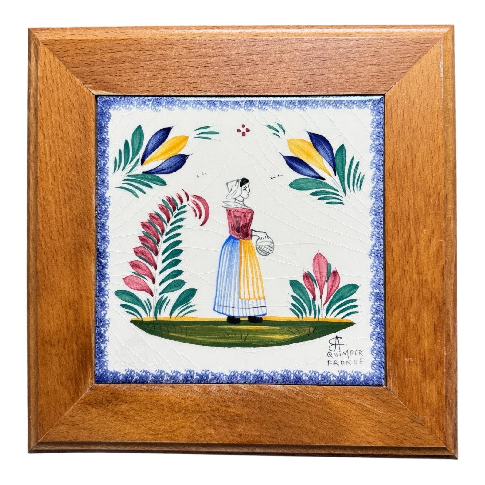 Vintage French Villeroy & Boch Breton Couple Folk Art Trivets - Framed Pair