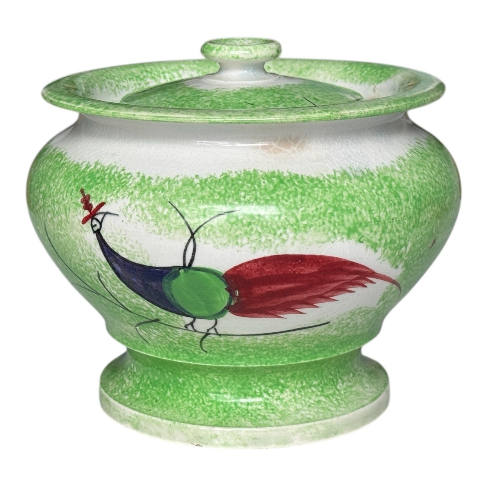 Antique Staffordshire Green Peafowl Spatterware Spongeware Lidded Sugar Bowl