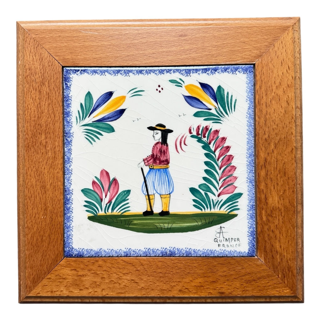 Vintage French Villeroy & Boch Breton Couple Folk Art Trivets - Framed Pair