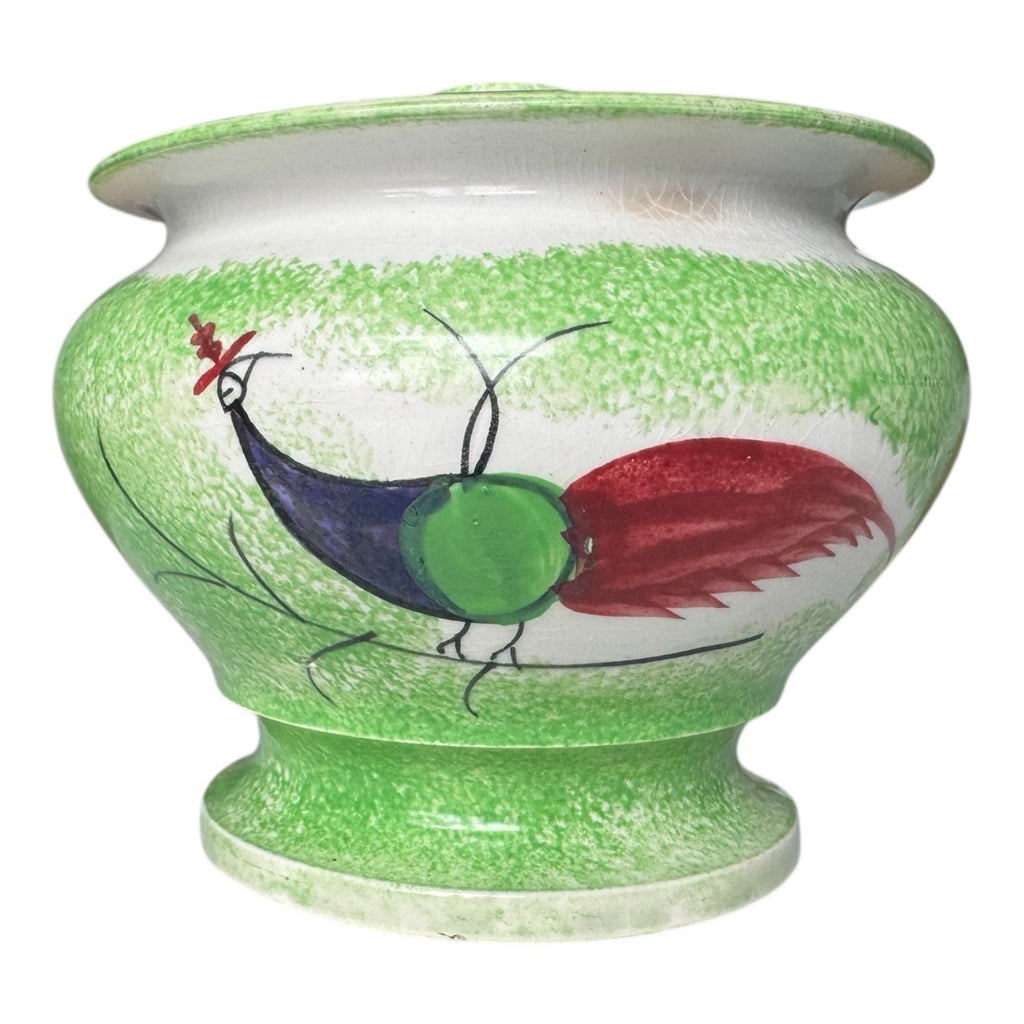 Antique Staffordshire Green Peafowl Spatterware Spongeware Lidded Sugar Bowl