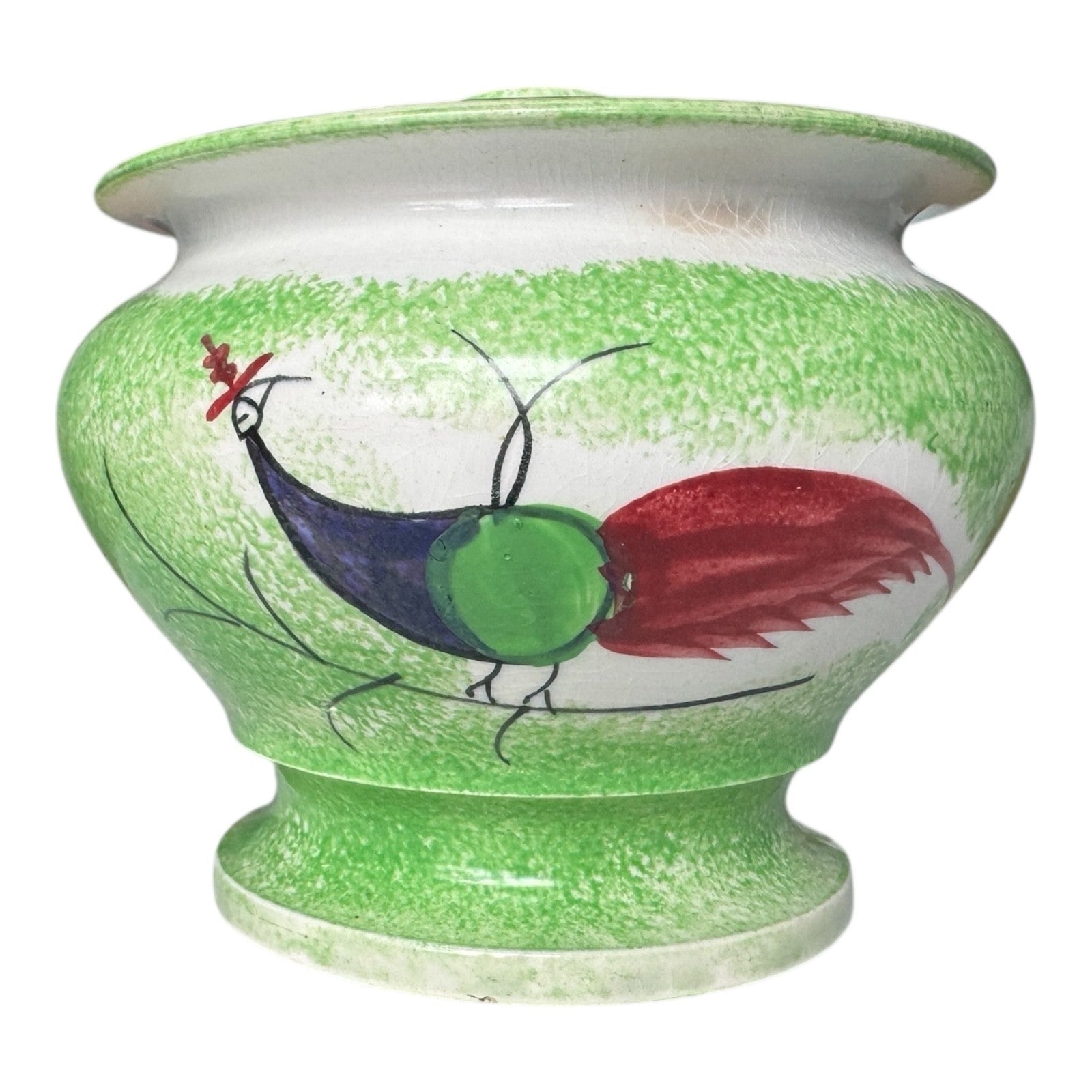 Antique Staffordshire Green Peafowl Spatterware Spongeware Lidded Sugar Bowl