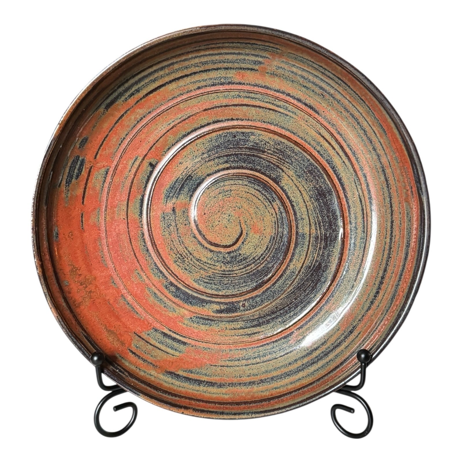 Vintage Signed Studio Art Pottery Spiral Glaze Low Bowl
