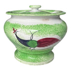 Antique Staffordshire Green Peafowl Spatterware Spongeware Lidded Sugar Bowl