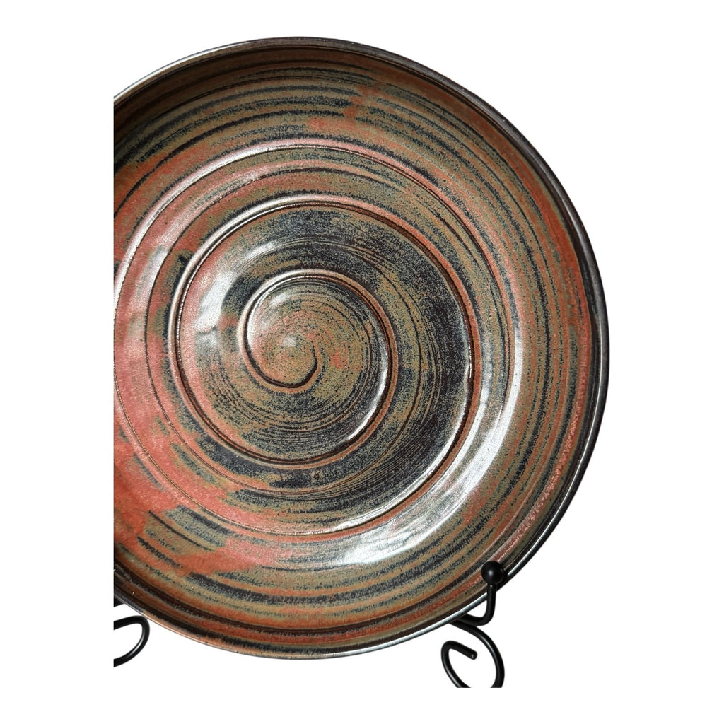 Vintage Signed Studio Art Pottery Spiral Glaze Low Bowl