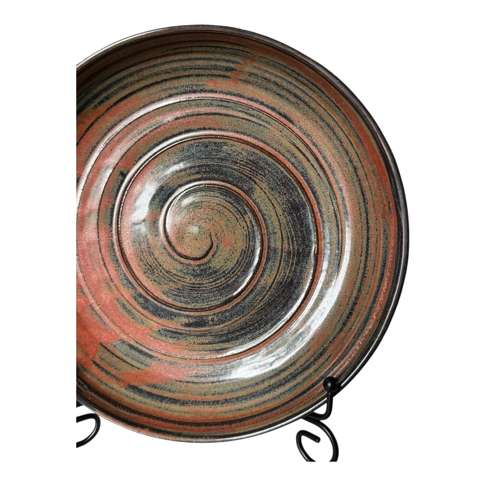 Vintage Signed Studio Art Pottery Spiral Glaze Low Bowl