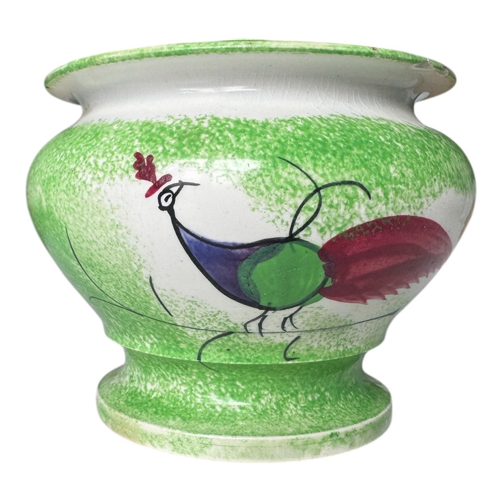 Antique Staffordshire Green Peafowl Spatterware Spongeware Lidded Sugar Bowl