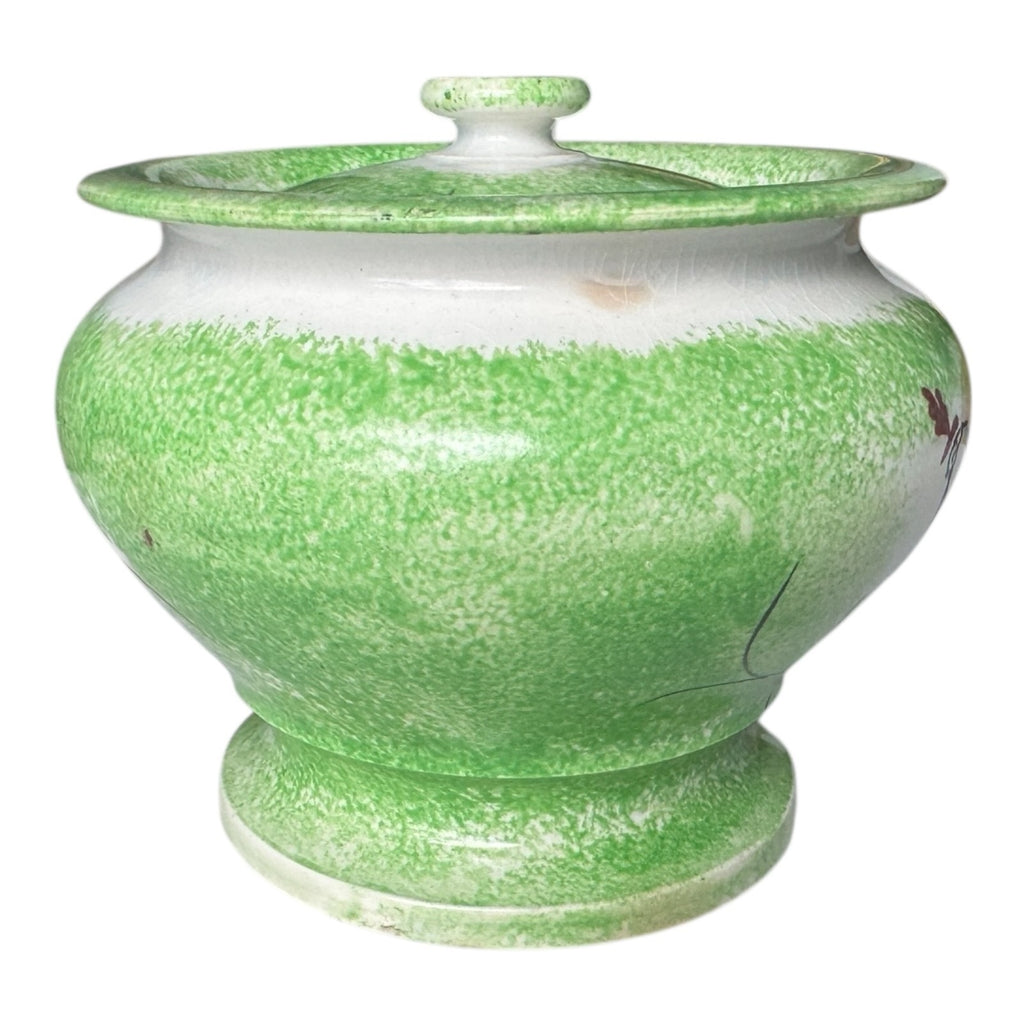 Antique Staffordshire Green Peafowl Spatterware Spongeware Lidded Sugar Bowl