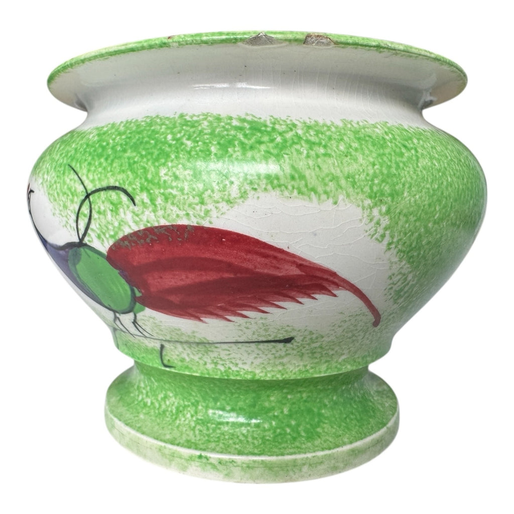 Antique Staffordshire Green Peafowl Spatterware Spongeware Lidded Sugar Bowl