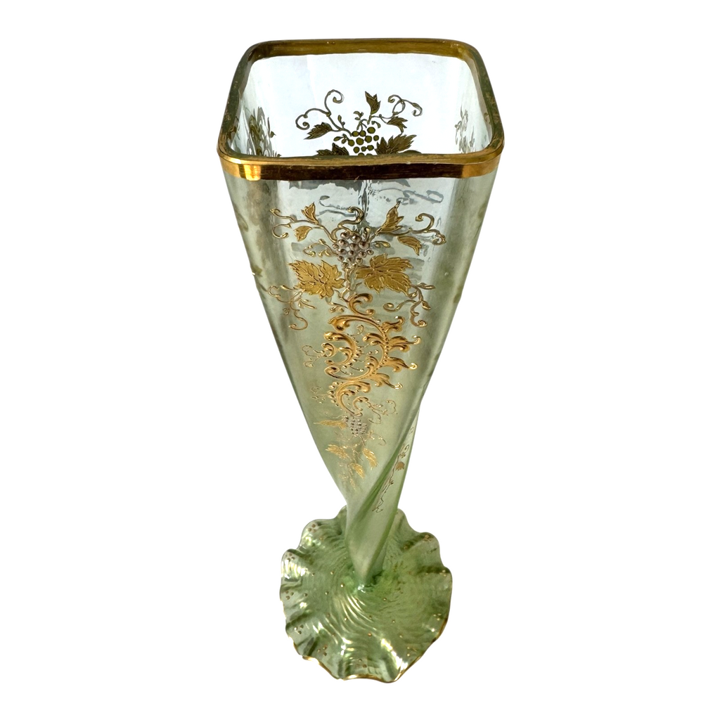 Antique Bohemian Czech Twisted Opalescent Glass Vase - Gilt Enamel Grapes