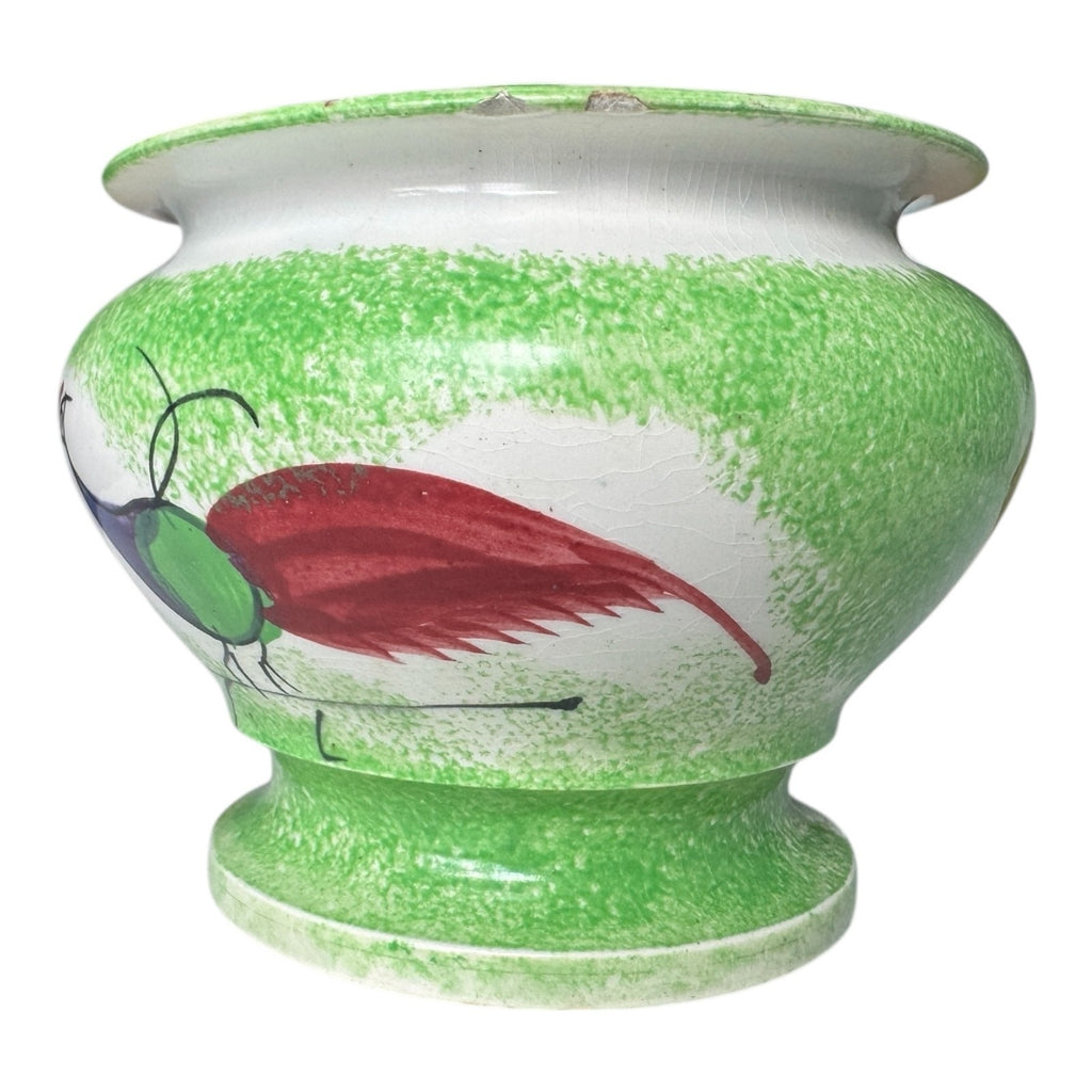 Antique Staffordshire Green Peafowl Spatterware Spongeware Lidded Sugar Bowl