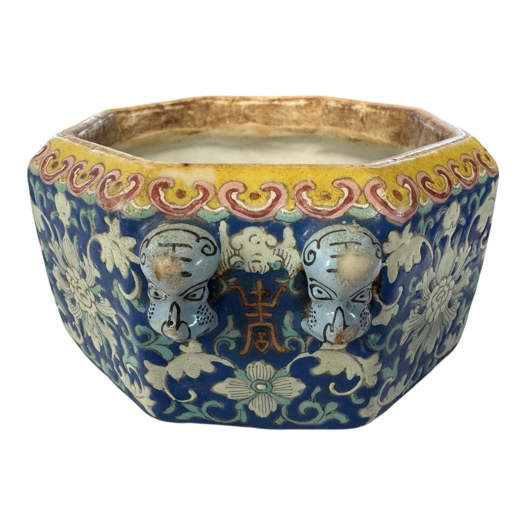Antique Chinese Qing Dynasty Guangxu Cloisonné Style Pottery Bowl - Mask Handles