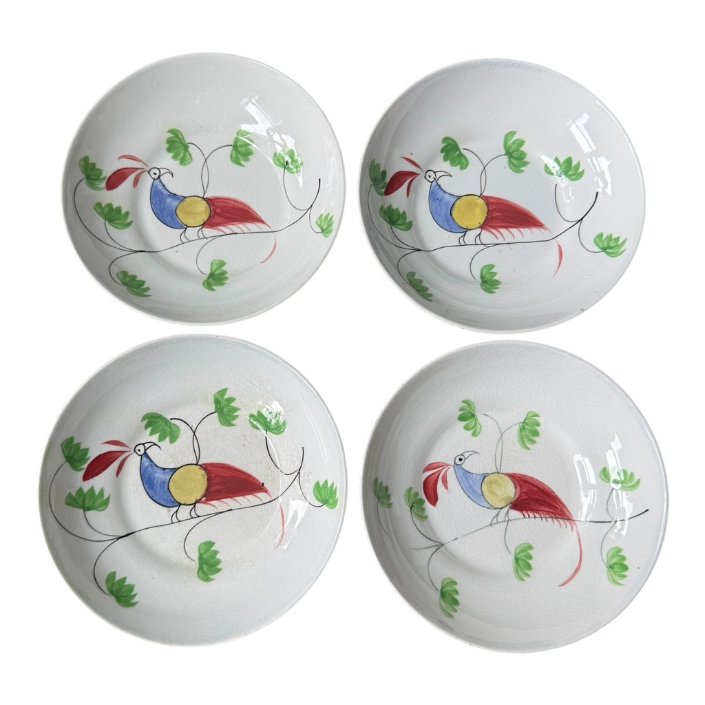 Antique Staffordshire Peafowl Spongeware Spatterware Cups & Saucers (Set of 4)