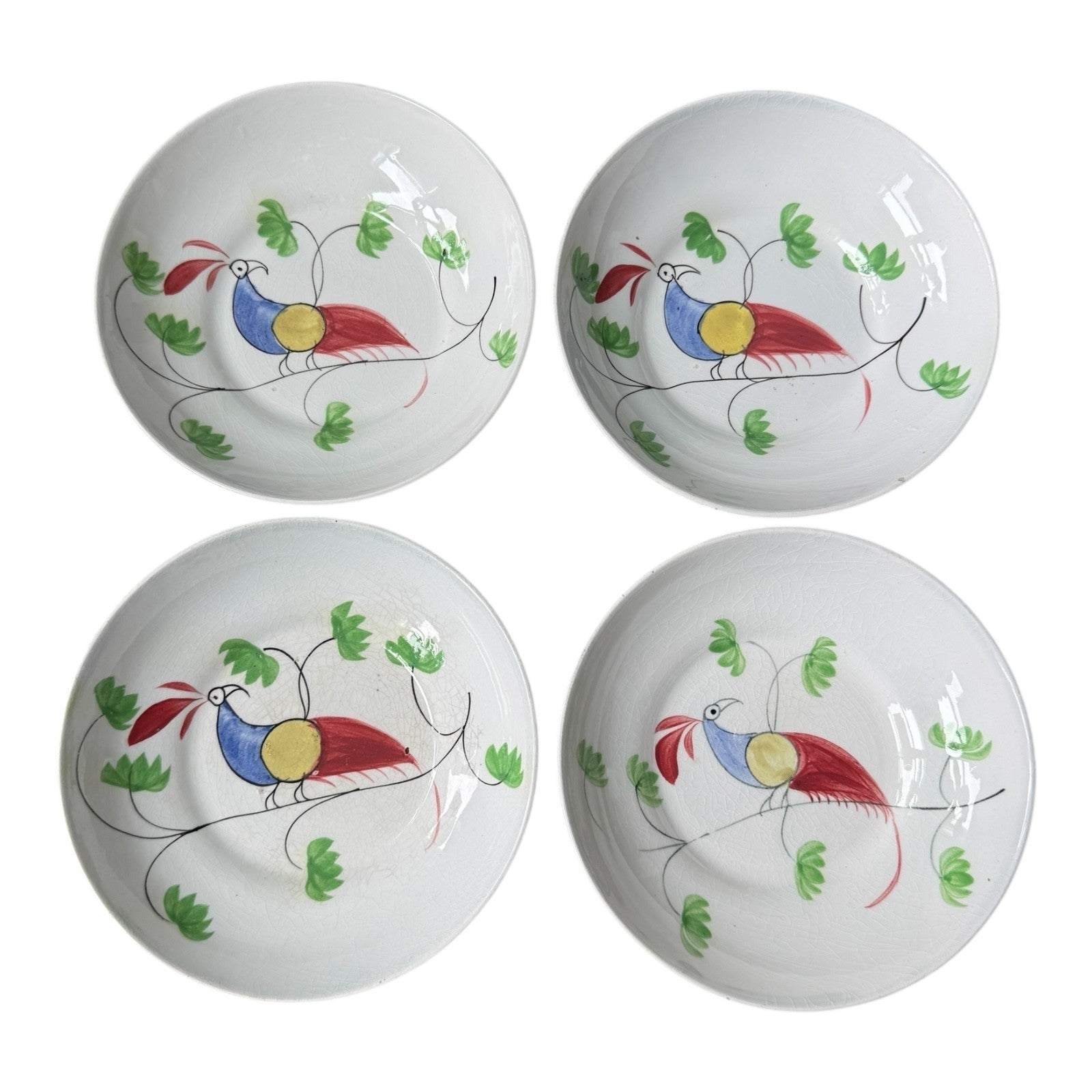 Antique Staffordshire Peafowl Spongeware Spatterware Cups & Saucers (Set of 4)