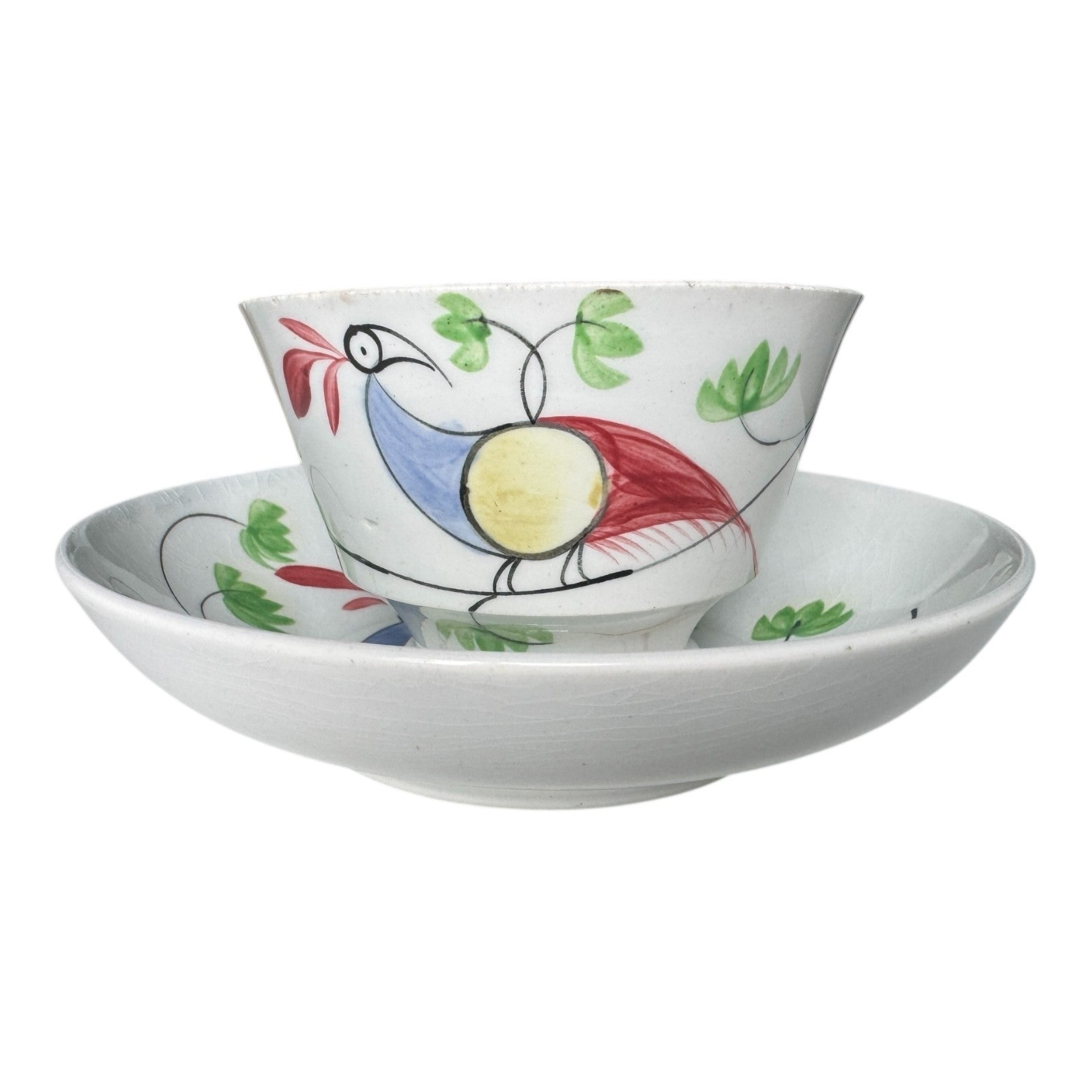 Antique Staffordshire Peafowl Spongeware Spatterware Cups & Saucers (Set of 4)
