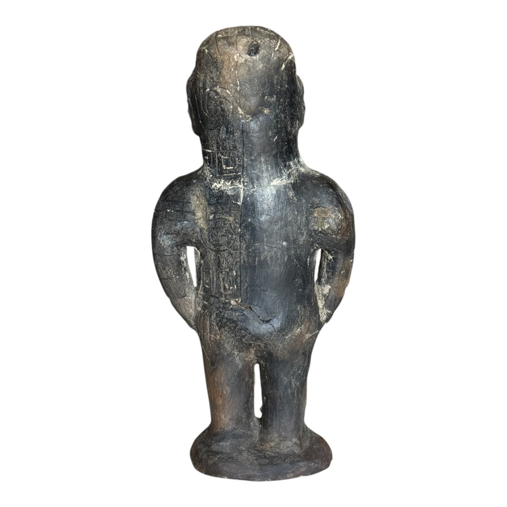 Antique Pre-Columbian West Mexico Blackware Pottery Standing Whistle Figure
