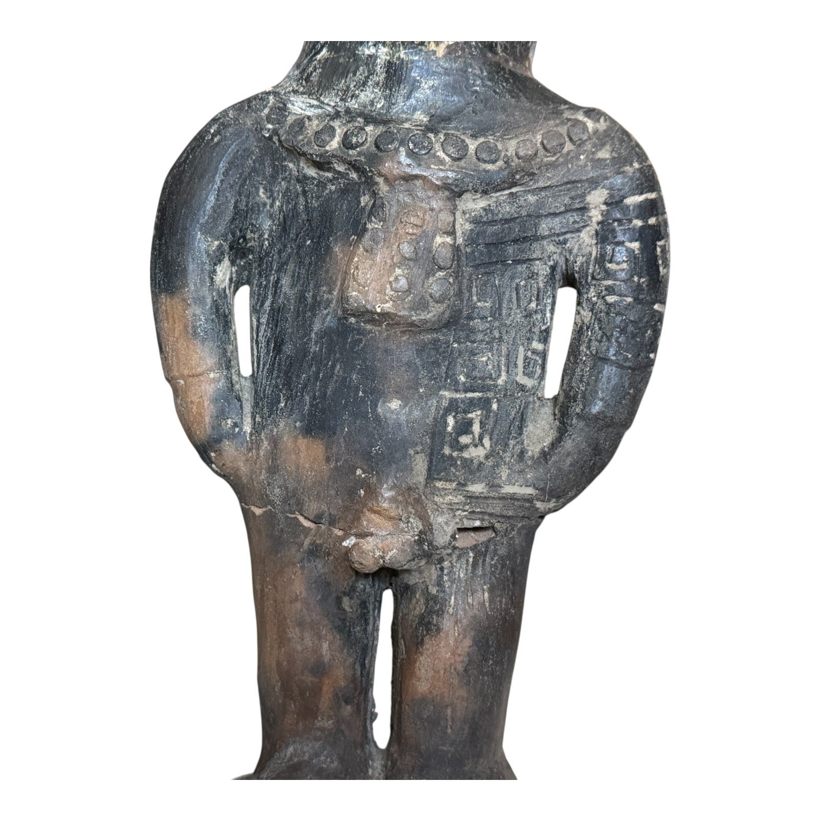 Antique Pre-Columbian West Mexico Blackware Pottery Standing Whistle Figure