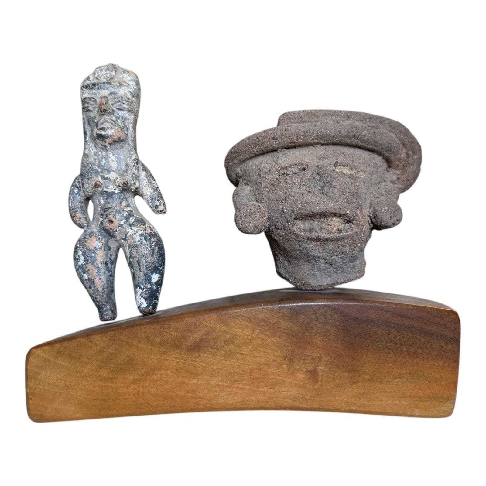 Antique Pre-Columbian Pottery Figural Group Standing Figure & Head on Base