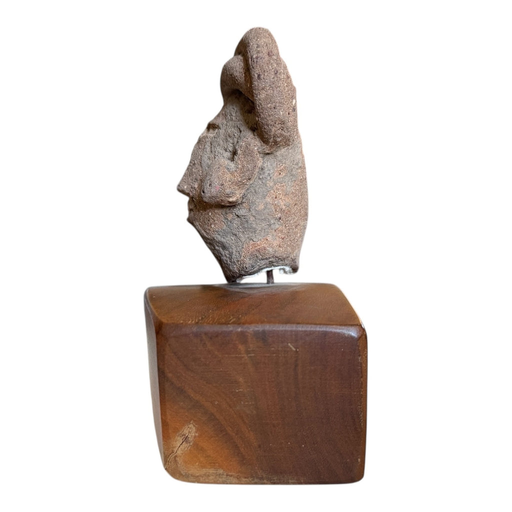 Antique Pre-Columbian Pottery Figural Group Standing Figure & Head on Base