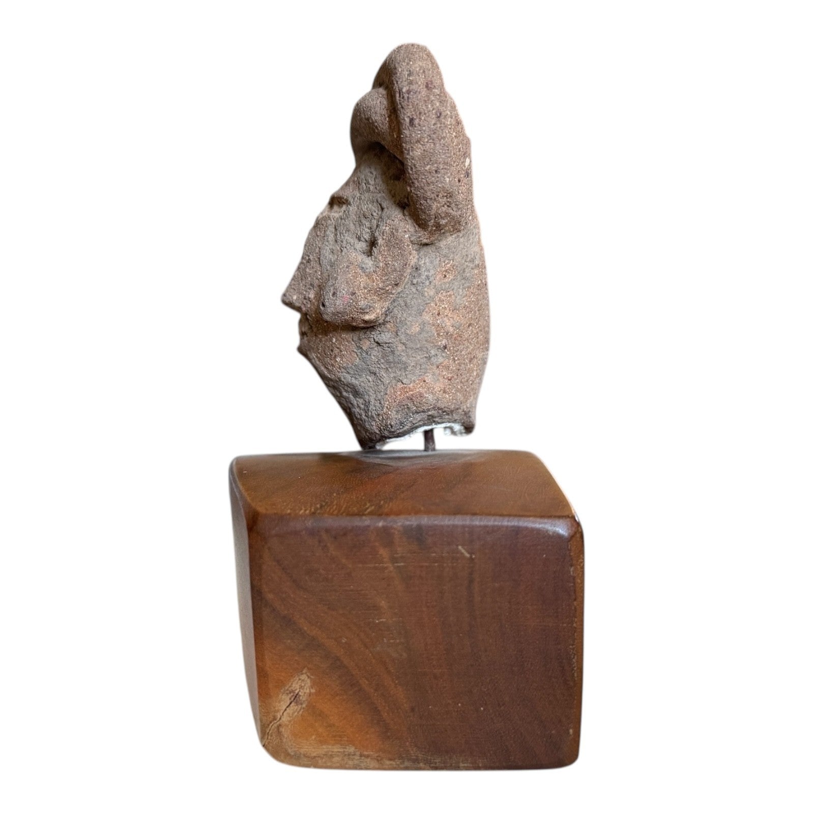 Antique Pre-Columbian Pottery Figural Group Standing Figure & Head on Base