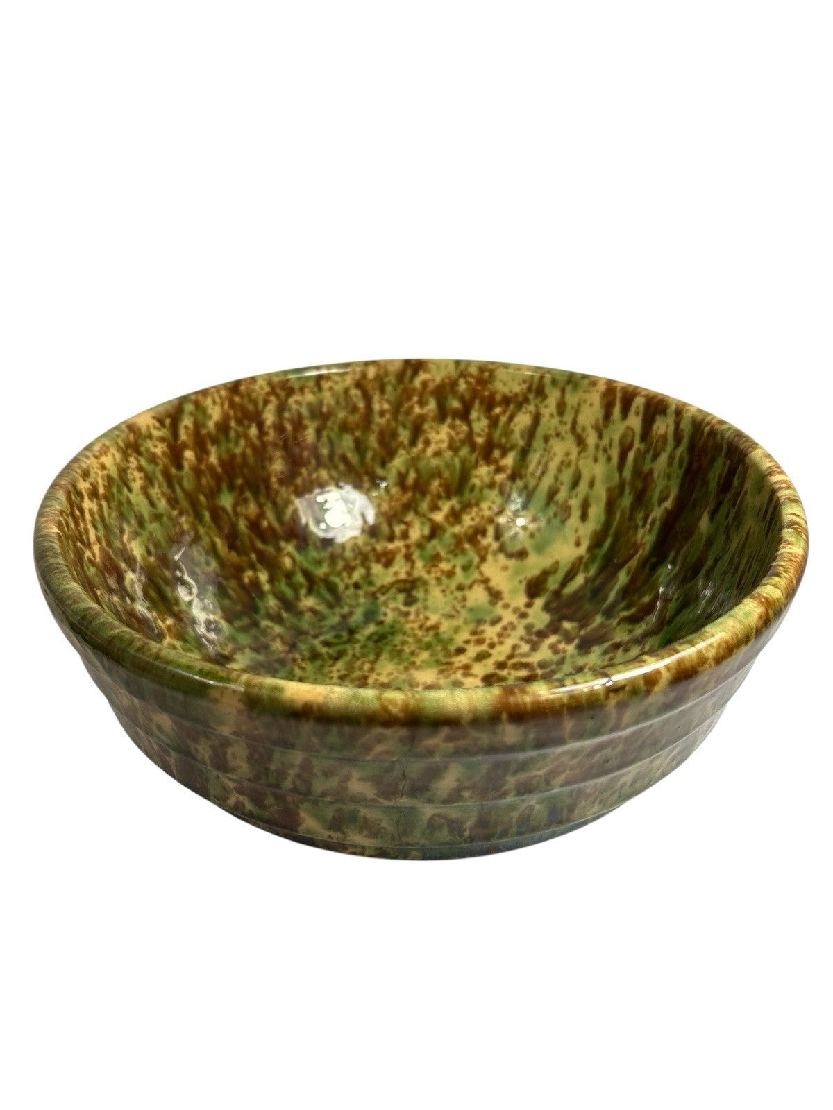 Antique Ribbed Spongeware Stoneware Pottery Mixing Bowl