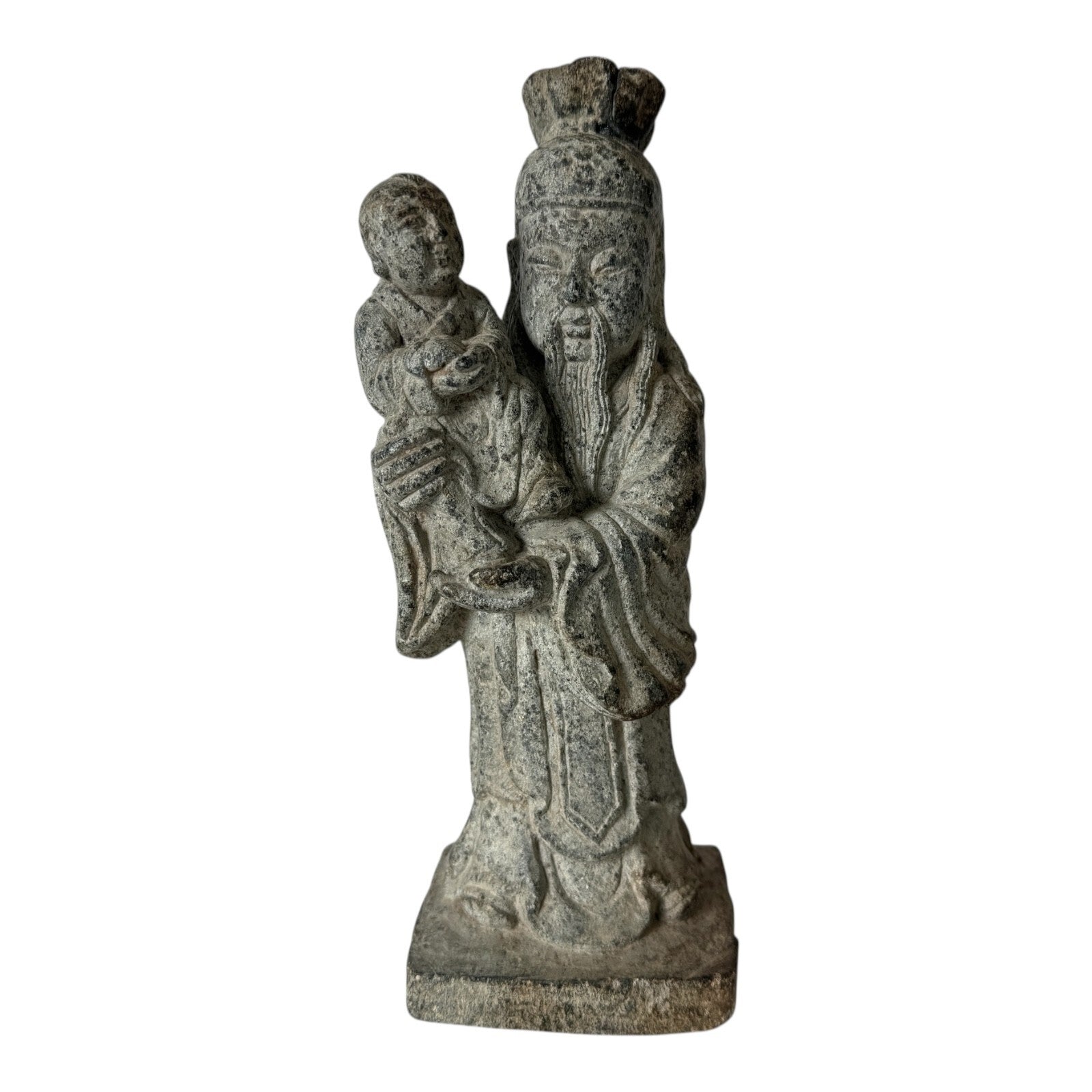 Antique Chinese Shou Lao Longevity Deity God Carved Stone Statue with Child