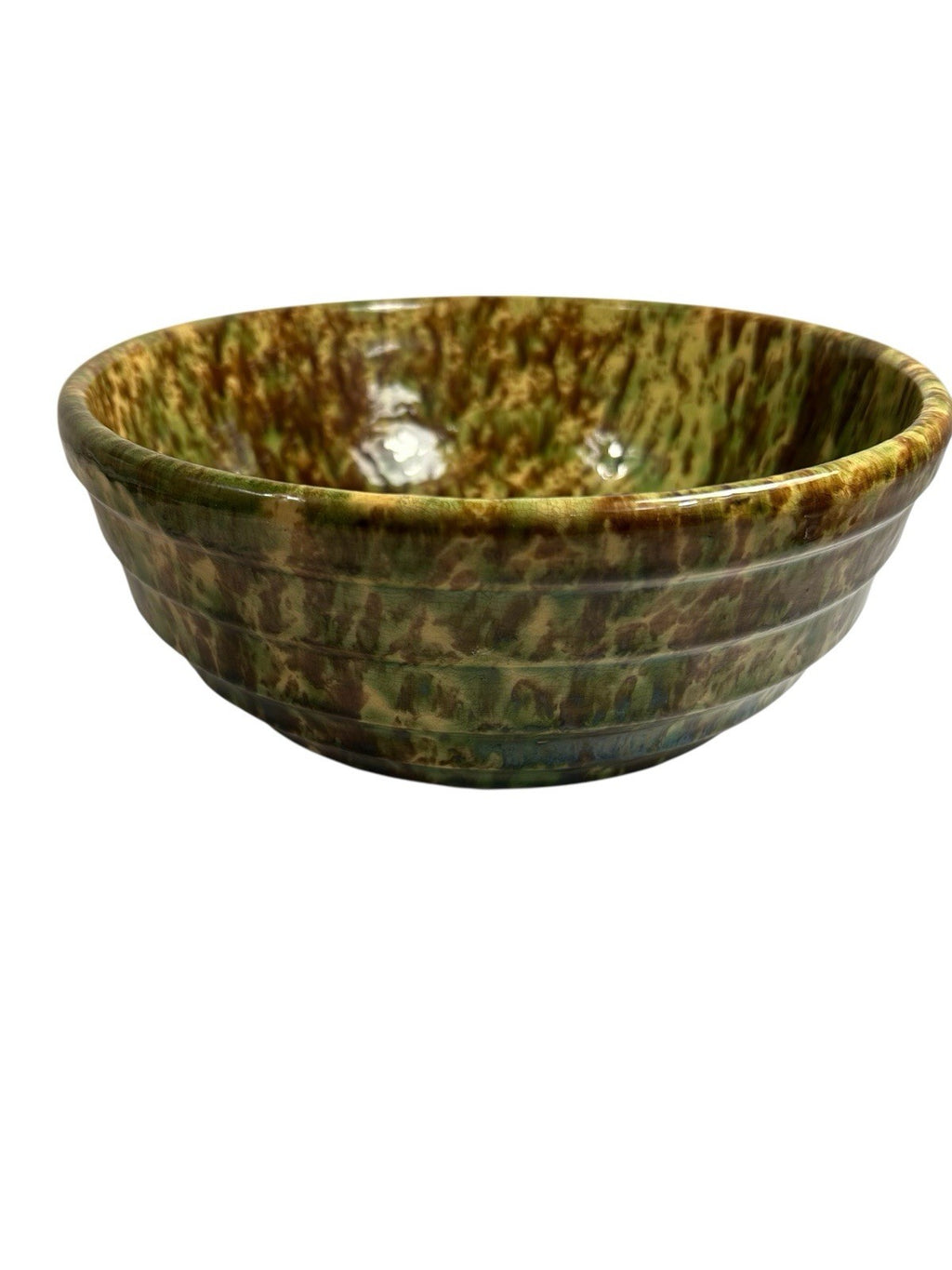 Antique Ribbed Spongeware Stoneware Pottery Mixing Bowl