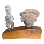 Antique Pre-Columbian Pottery Figural Group Standing Figure & Head on Base