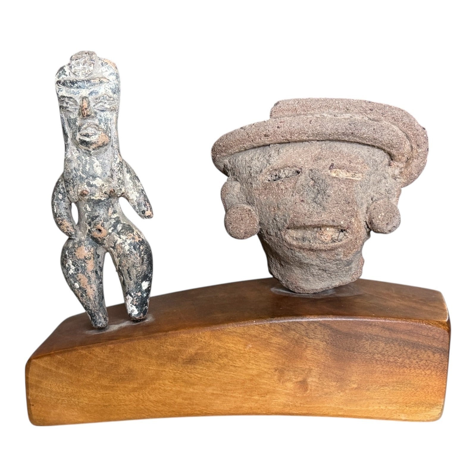 Antique Pre-Columbian Pottery Figural Group Standing Figure & Head on Base