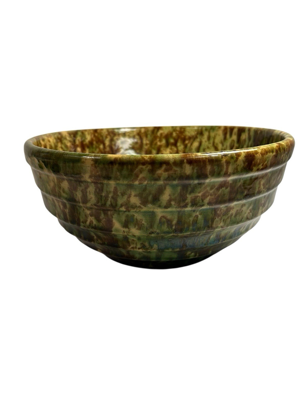 Antique Ribbed Spongeware Stoneware Pottery Mixing Bowl