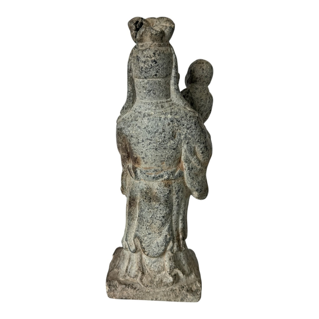 Antique Chinese Shou Lao Longevity Deity God Carved Stone Statue with Child