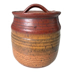 Vintage Stoneware Pottery Crock with Red and Tan Striped Design (Signed, Schwab)