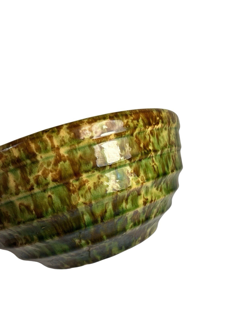 Antique Ribbed Spongeware Stoneware Pottery Mixing Bowl