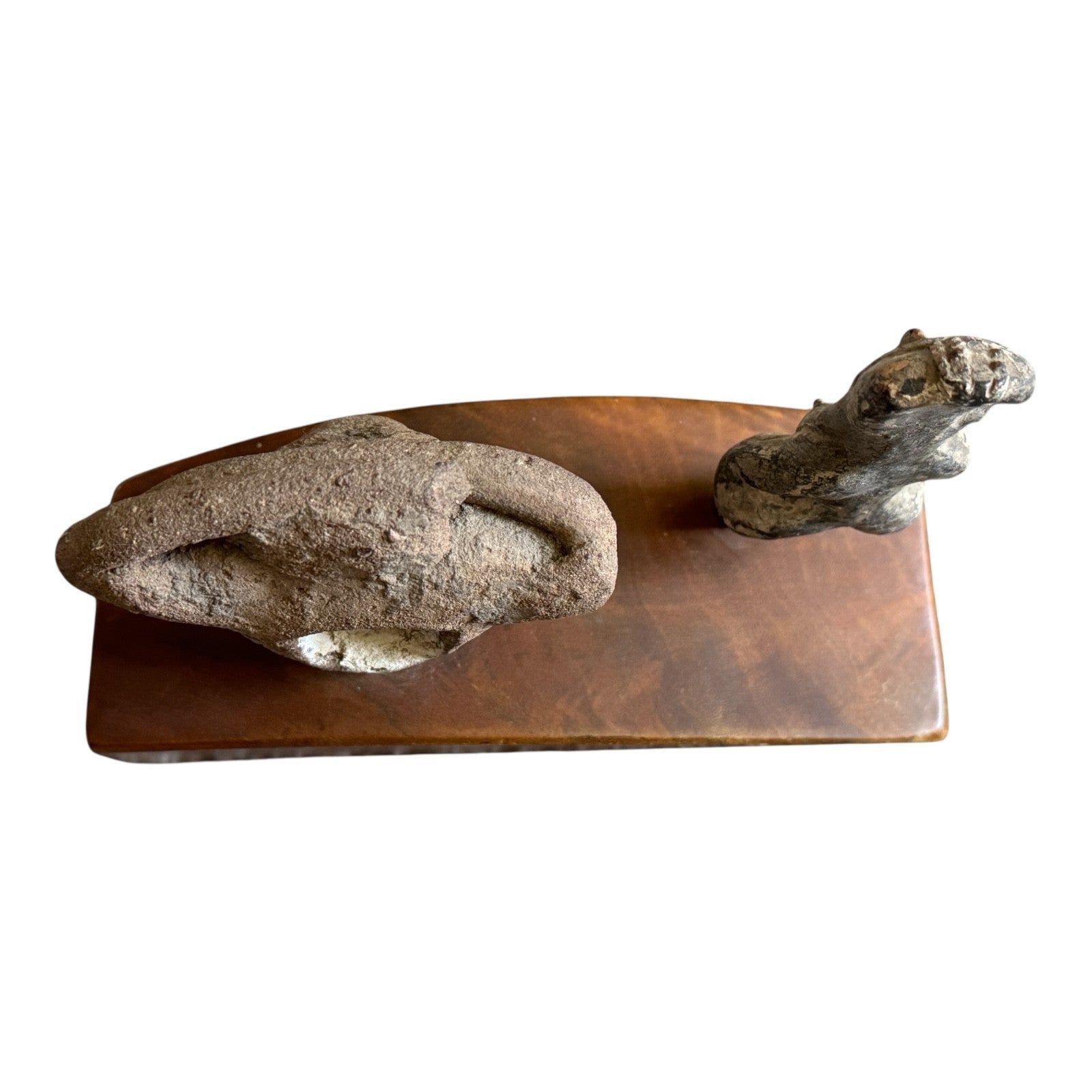 Antique Pre-Columbian Pottery Figural Group Standing Figure & Head on Base