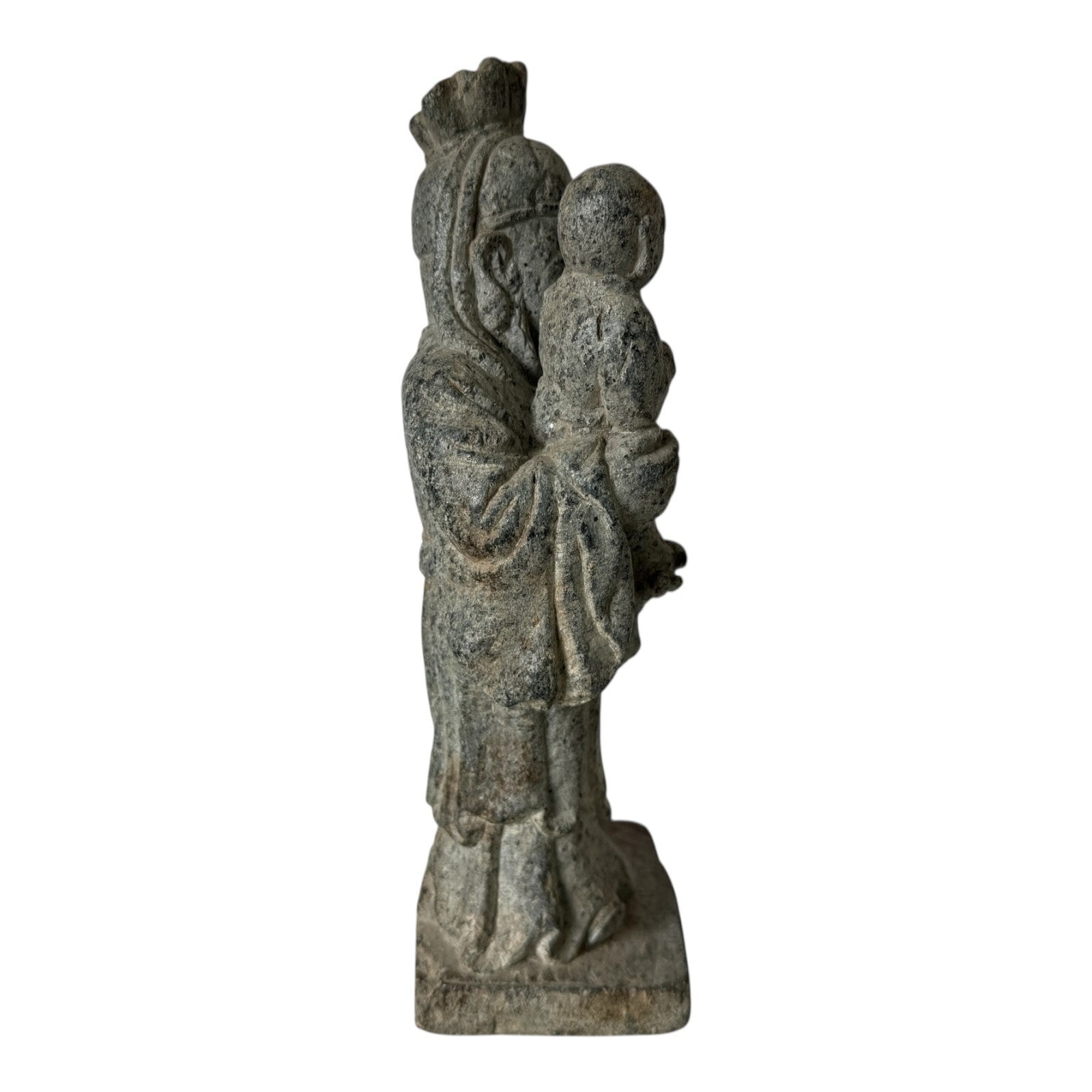 Antique Chinese Shou Lao Longevity Deity God Carved Stone Statue with Child
