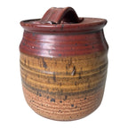 Vintage Stoneware Pottery Crock with Red and Tan Striped Design (Signed, Schwab)
