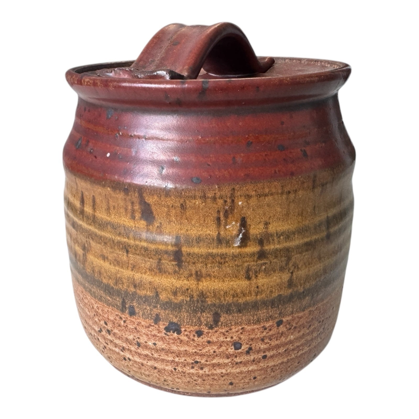 Vintage Stoneware Pottery Crock with Red and Tan Striped Design (Signed, Schwab)