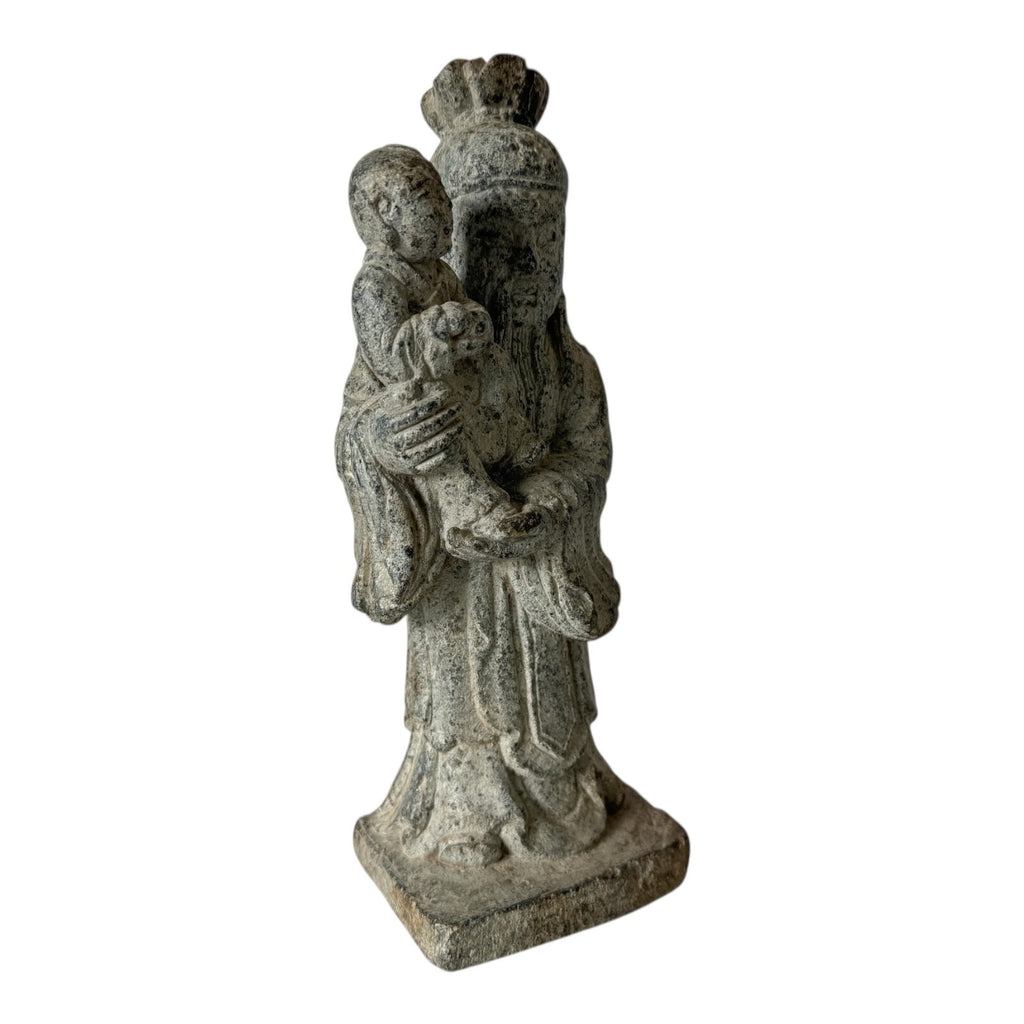 Antique Chinese Shou Lao Longevity Deity God Carved Stone Statue with Child