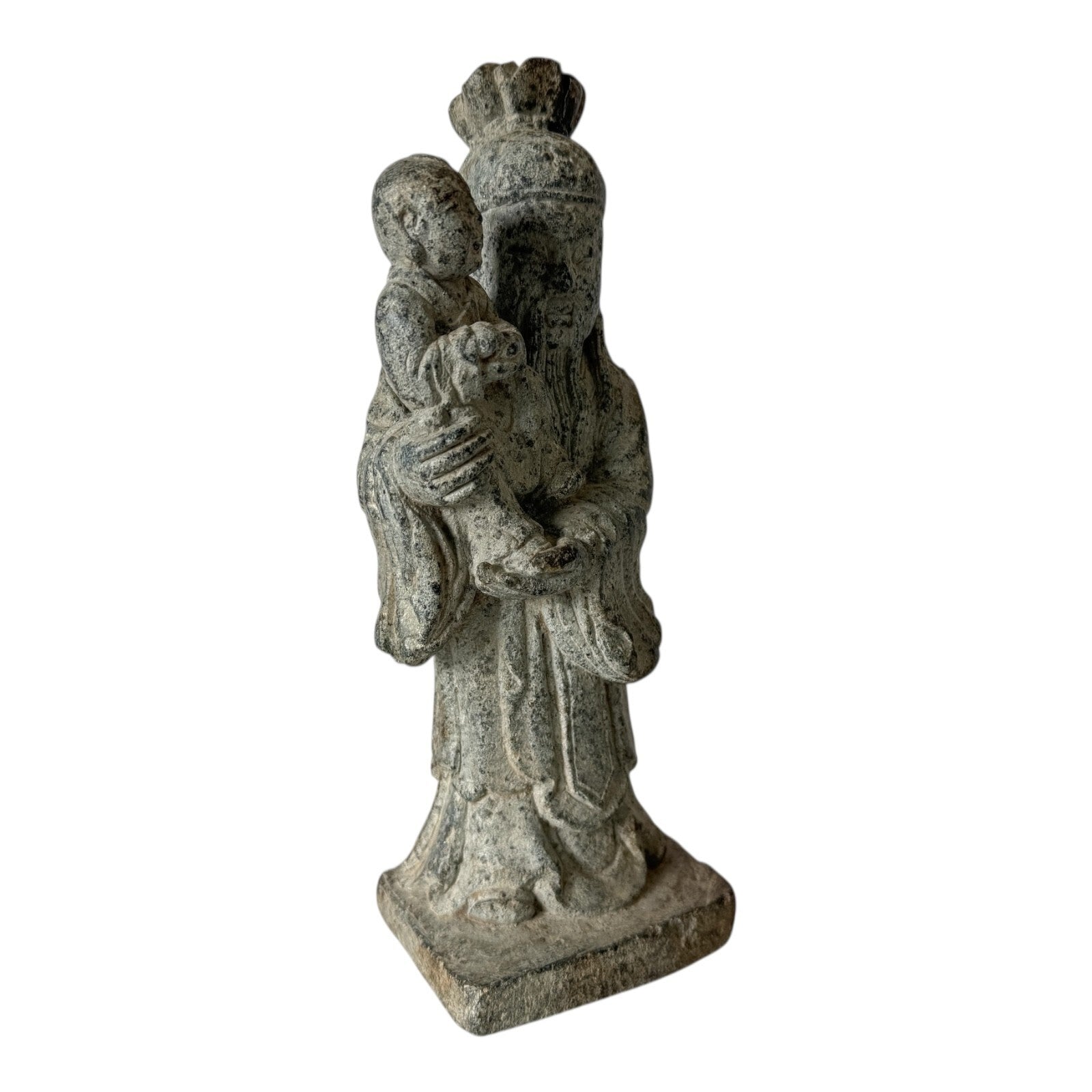 Antique Chinese Shou Lao Longevity Deity God Carved Stone Statue with Child