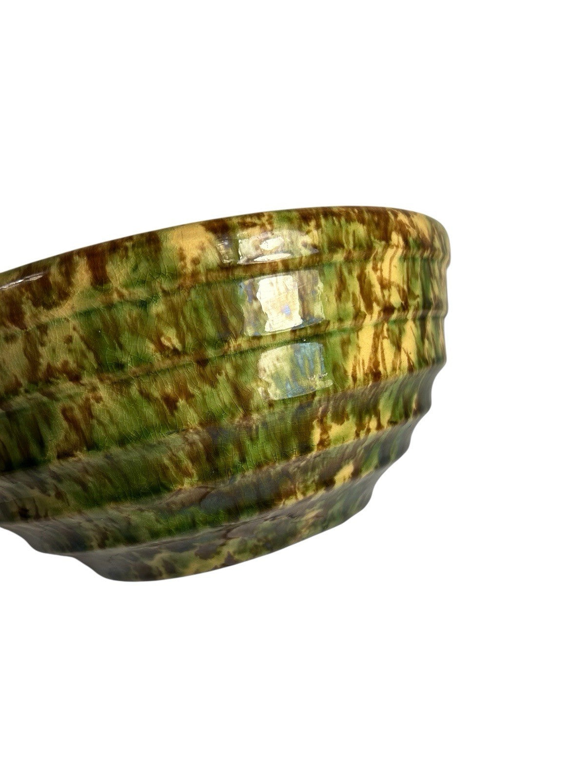 Antique Ribbed Spongeware Stoneware Pottery Mixing Bowl